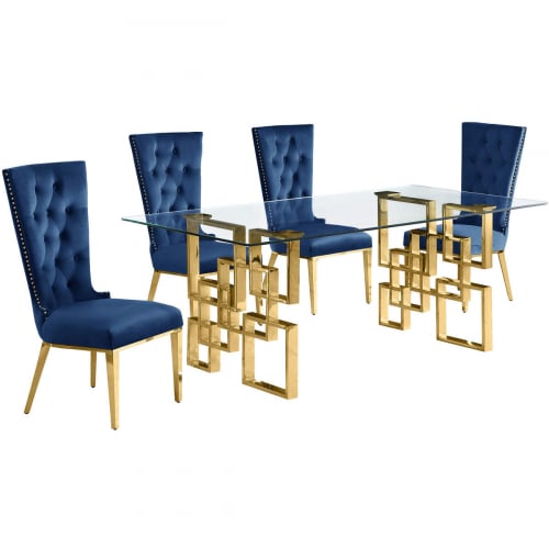 D222 Dining Set in Tempered Glass, Gold Stainless, Navy Blue Velvet & Gold Chrome