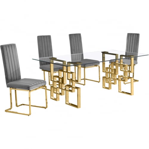 D222 Dining Set in Tempered Glass, Gold Stainless, Dark Gray Velvet & Gold Chrome