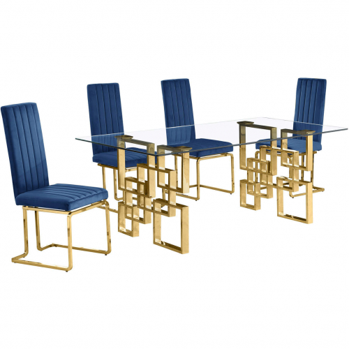 D222 Dining Set in Tempered Glass, Gold Stainless, Navy Blue Velvet & Gold Chrome