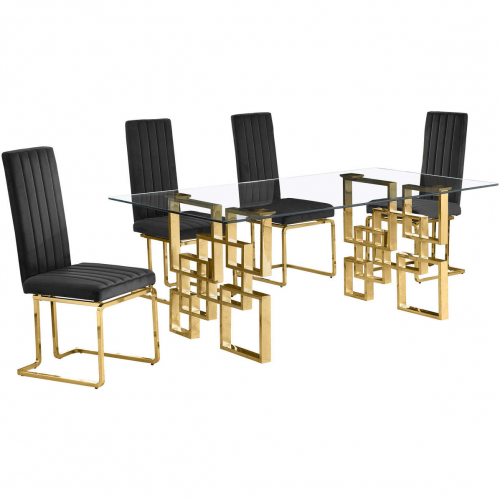 D222 Dining Set in Tempered Glass, Gold Stainless, Black Velvet & Gold Chrome