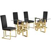 D222 Dining Set in Tempered Glass, Gold Stainless, Black Velvet & Gold Chrome