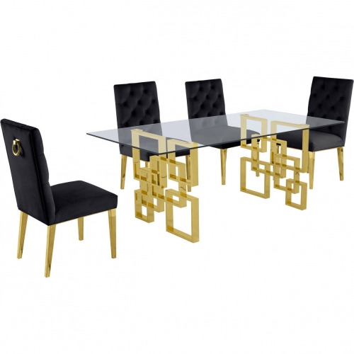 D222 5 Piece Dining Set in Glass, Gold Stainless Steel & Black Velvet