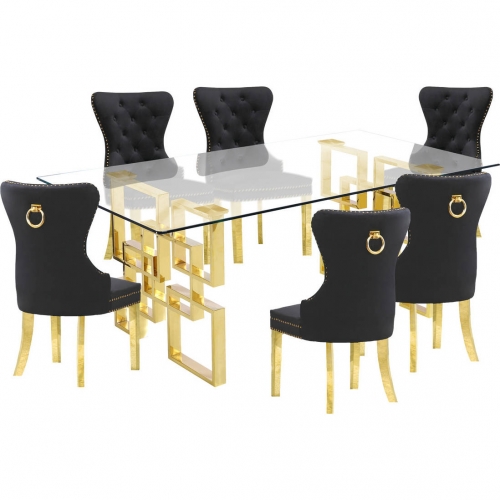 D222 7 Piece Dining Set in Glass, Gold Stainless Steel & Black Velvet