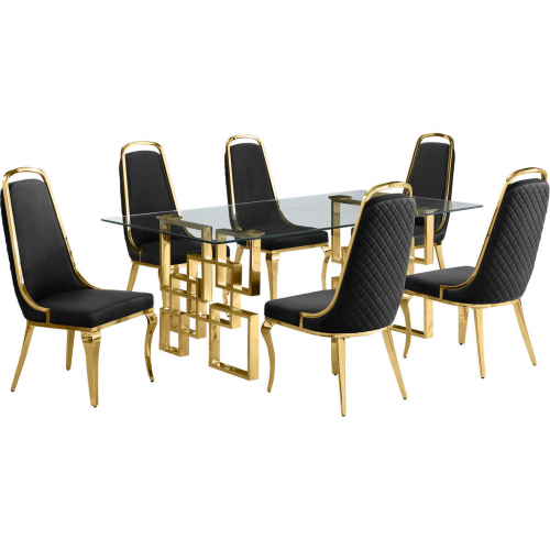 D222 7 Piece Dining Set in Tempered Glass, Gold Stainless Steel & Black Velvet