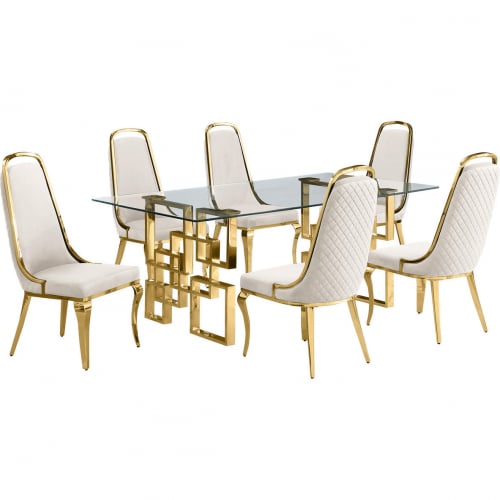 D222 7 Piece Dining Set in Tempered Glass, Gold Stainless Steel & Cream Velvet