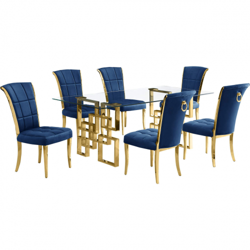 D222 7 Piece Dining Set in Tempered Glass, Polished Gold Stainless Steel & Navy Blue Velvet