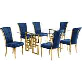 D222 7 Piece Dining Set in Tempered Glass, Polished Gold Stainless Steel & Navy Blue Velvet