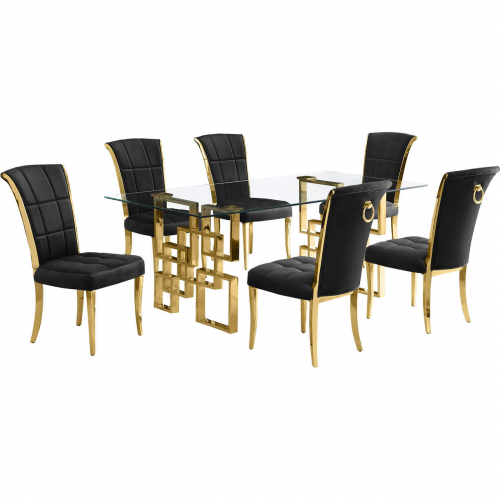 D222 7 Piece Dining Set in Tempered Glass, Polished Gold Stainless Steel & Black Velvet