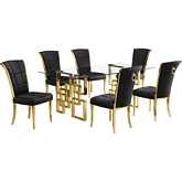 D222 7 Piece Dining Set in Tempered Glass, Polished Gold Stainless Steel & Black Velvet