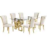 D222 7 Piece Dining Set in Tempered Glass, Polished Gold Stainless Steel & Cream Velvet