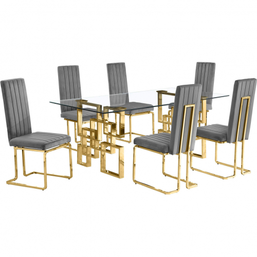 D222 7 Piece Dining Set in Tempered Glass, Gold Stainless Steel & Dark Gray Velvet