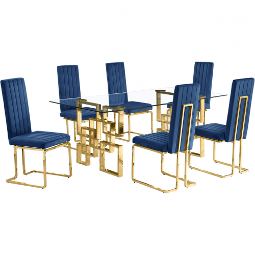 D222 7 Piece Dining Set in Tempered Glass, Gold Stainless Steel & Navy Blue Velvet