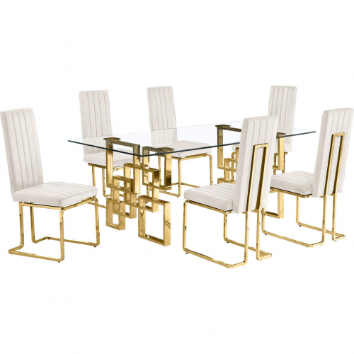 D222 7 Piece Dining Set in Tempered Glass, Gold Stainless Steel & Cream Velvet