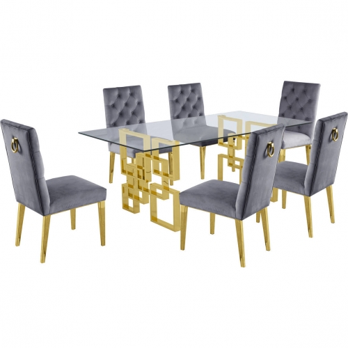 D222 7 Piece Dining Set in Glass, Gold Stainless Steel & Dark Gray Velvet