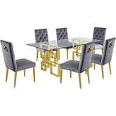 D222 7 Piece Dining Set in Glass, Gold Stainless Steel & Dark Gray Velvet