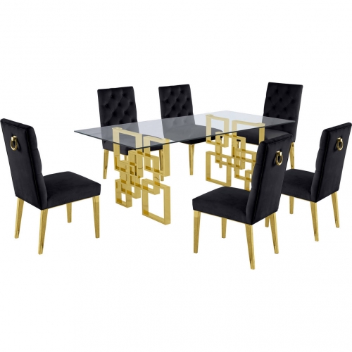 D222 7 Piece Dining Set in Glass, Gold Stainless Steel & Black Velvet