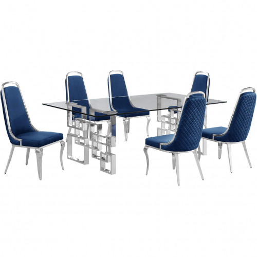 D223 7 Piece Dining Set in Tempered Glass, Stainless Steel & Navy Blue Velvet