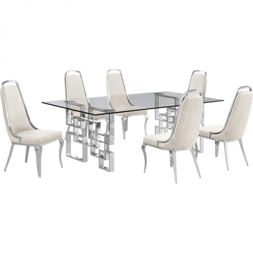 D223 7 Piece Dining Set in Tempered Glass, Stainless Steel & Cream Velvet