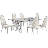 D223 7 Piece Dining Set in Tempered Glass, Stainless Steel & Cream Velvet