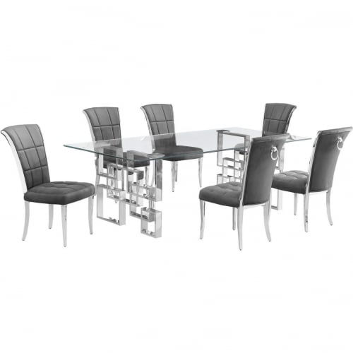 D223 7 Piece Dining Set in Tempered Glass, Polished Stainless Steel & Dark Gray Velvet