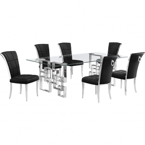 D223 7 Piece Dining Set in Tempered Glass, Polished Stainless Steel & Black Velvet