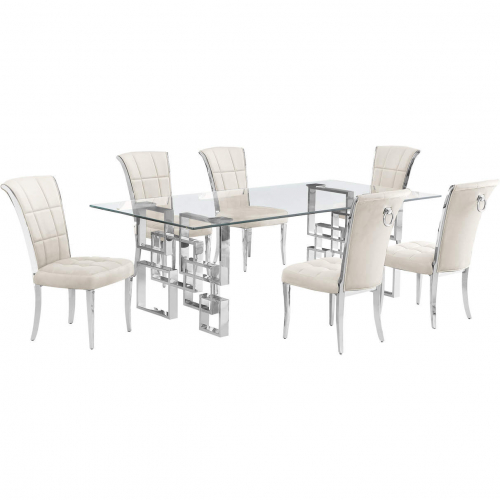 D223 7 Piece Dining Set in Tempered Glass, Polished Stainless Steel & Cream Velvet