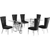 D223 7 Piece Dining Set in Tempered Glass, Polished Stainless Steel & Black Velvet