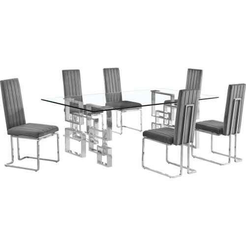 D223 7 Piece Dining Set in Tempered Glass, Stainless Steel & Dark Gray Velvet