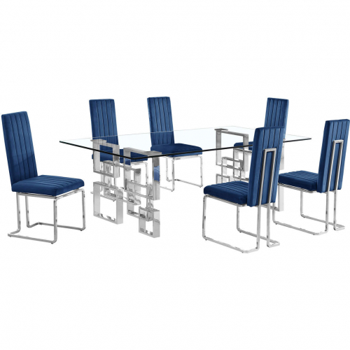 D223 7 Piece Dining Set in Tempered Glass, Stainless Steel & Navy Blue Velvet