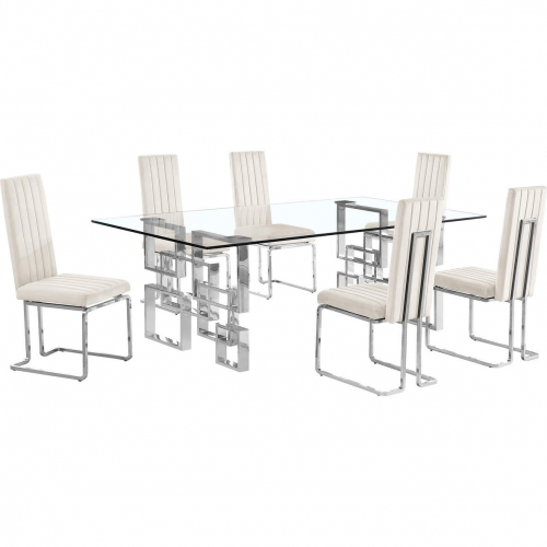 D223 7 Piece Dining Set in Tempered Glass, Stainless Steel & Cream Velvet