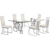 D223 7 Piece Dining Set in Tempered Glass, Stainless Steel & Cream Velvet