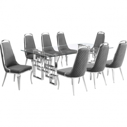 D223 9 Piece Dining Set in Tempered Glass, Stainless Steel & Dark Gray Velvet