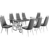 D223 9 Piece Dining Set in Tempered Glass, Stainless Steel & Dark Gray Velvet