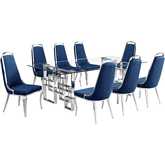 D223 9 Piece Dining Set in Tempered Glass, Stainless Steel & Navy Blue Velvet