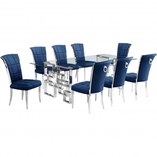 D223 9 Piece Dining Set in Tempered Glass, Polished Stainless Steel & Navy Blue Velvet