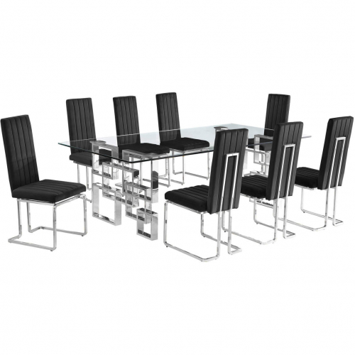 D223 9 Piece Dining Set in Tempered Glass, Stainless Steel & Black Velvet