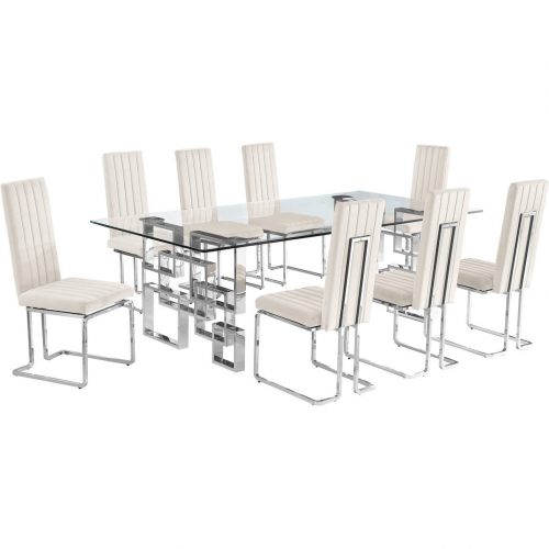 D223 9 Piece Dining Set in Tempered Glass, Stainless Steel & Cream Velvet