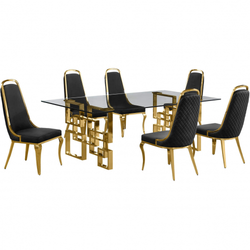 D224 7 Piece Dining Set in Tempered Glass, Gold Stainless Steel & Black Velvet