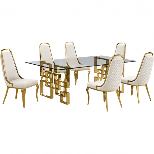 D224 7 Piece Dining Set in Tempered Glass, Gold Stainless Steel & Cream Velvet