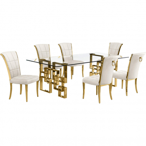 D224 7 Piece Dining Set in Tempered Glass, Polished Gold Stainless Steel & Cream Velvet