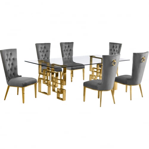 D224 7 Piece Dining Set in Tempered Glass, Polished Gold Stainless Steel & Dark Gray Velvet