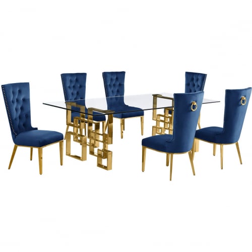 D224 7 Piece Dining Set in Tempered Glass, Polished Gold Stainless Steel & Navy Blue Velvet