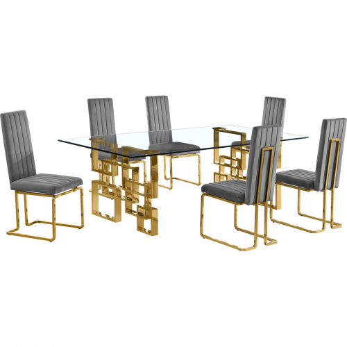 D224 7 Piece Dining Set in Tempered Glass, Gold Stainless Steel & Dark Gray Velvet