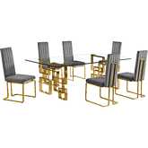 D224 7 Piece Dining Set in Tempered Glass, Gold Stainless Steel & Dark Gray Velvet