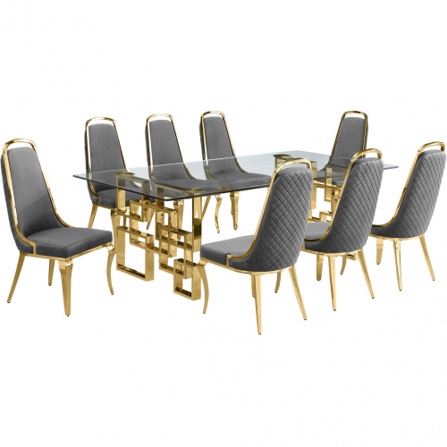 D224 9 Piece Dining Set in Tempered Glass, Gold Stainless Steel & Dark Gray Velvet