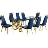 D224 9 Piece Dining Set in Tempered Glass, Gold Stainless Steel & Navy Blue Velvet