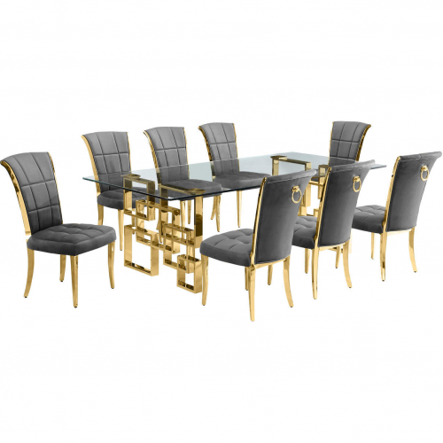 D224 9 Piece Dining Set in Tempered Glass, Polished Gold Stainless Steel & Dark Gray Velvet