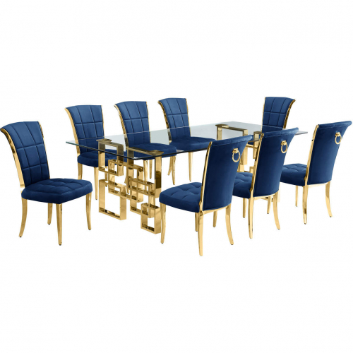 D224 9 Piece Dining Set in Tempered Glass, Polished Gold Stainless Steel & Navy Blue Velvet