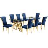 D224 9 Piece Dining Set in Tempered Glass, Polished Gold Stainless Steel & Navy Blue Velvet