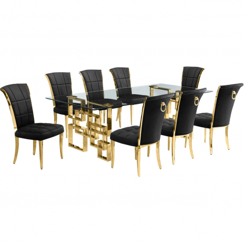 D224 9 Piece Dining Set in Tempered Glass, Polished Gold Stainless Steel & Black Velvet